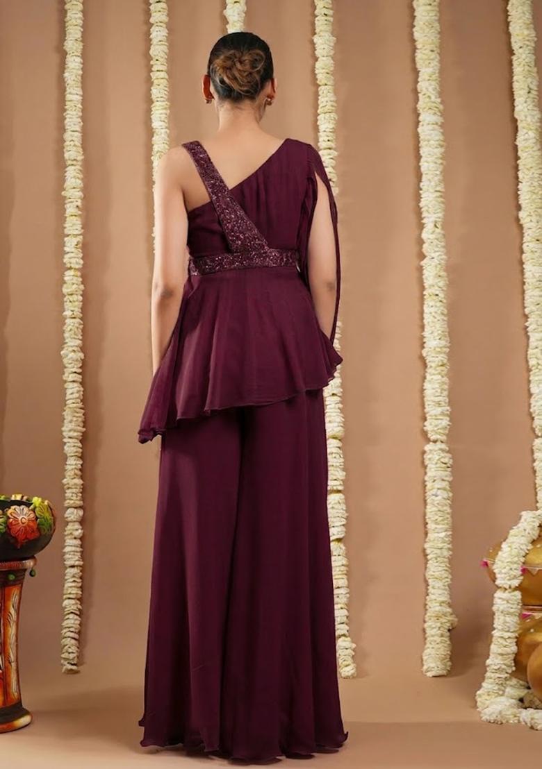 Deep Wine Georgette Handwork Fusion Set - Indya