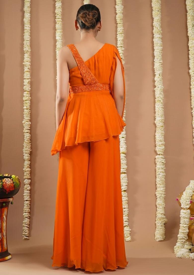 Orange Georgette Handwork Fusion Set - Indya