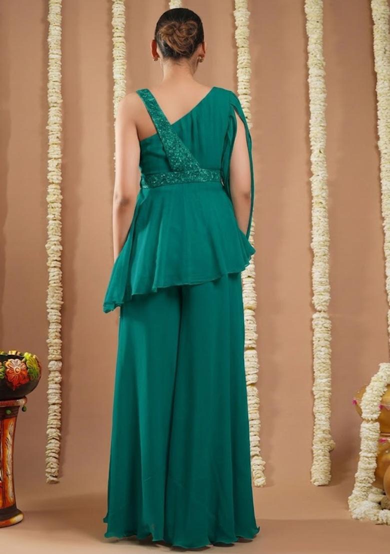 Green Georgette Handwork Fusion Set - Indya