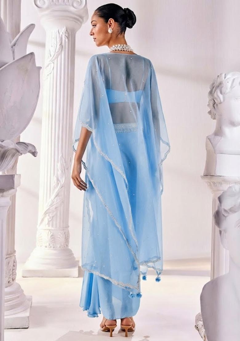 Sky Blue Soft Organza Handwork Fusion Set - Indya