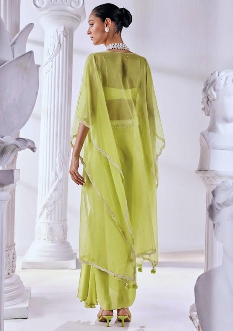 Lime Green Soft Organza Handwork Fusion Set - Indya
