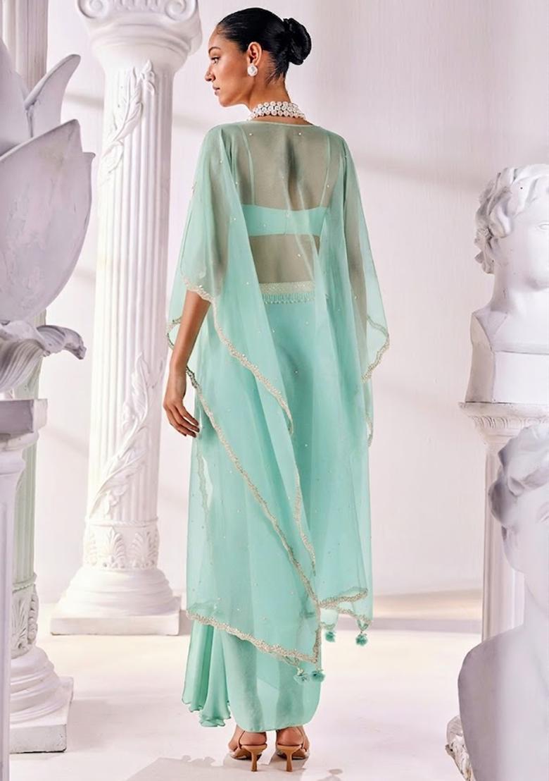 Mint Green Soft Organza Handwork Fusion Set - Indya