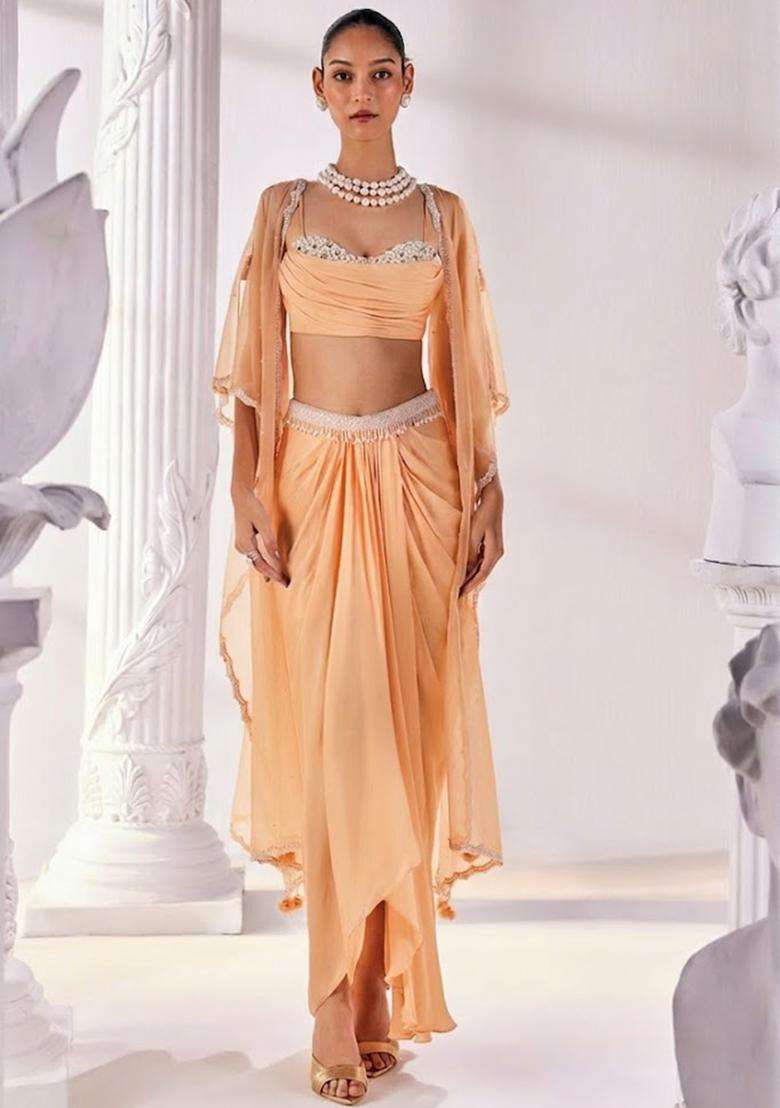 Peach Soft Organza Handwork Fusion Set - Indya