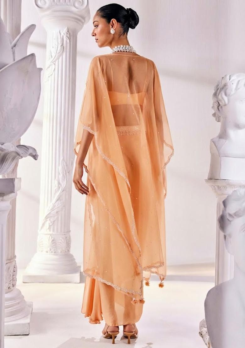 Peach Soft Organza Handwork Fusion Set - Indya