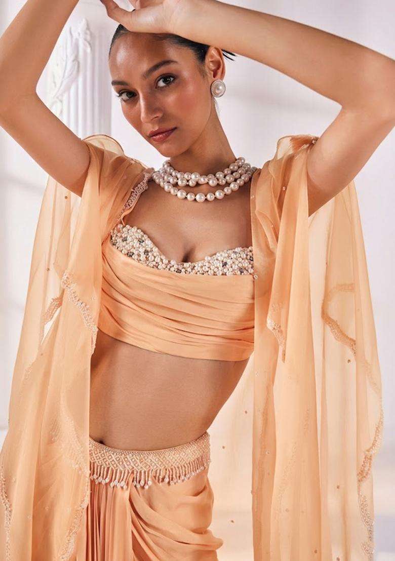 Peach Soft Organza Handwork Fusion Set - Indya