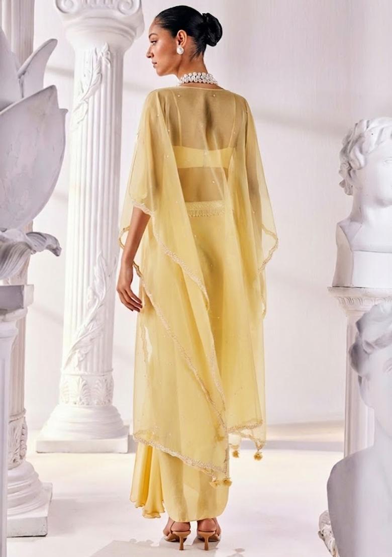 Yellow Soft Organza Handwork Fusion Set - Indya