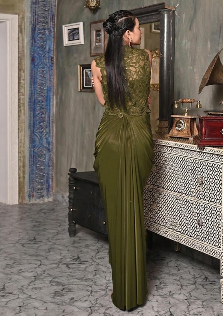 Olive Green Satin Handwork Fusion Set - Indya