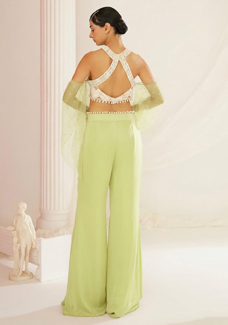 Lime Green Crepe Handwork Fusion Set - Indya