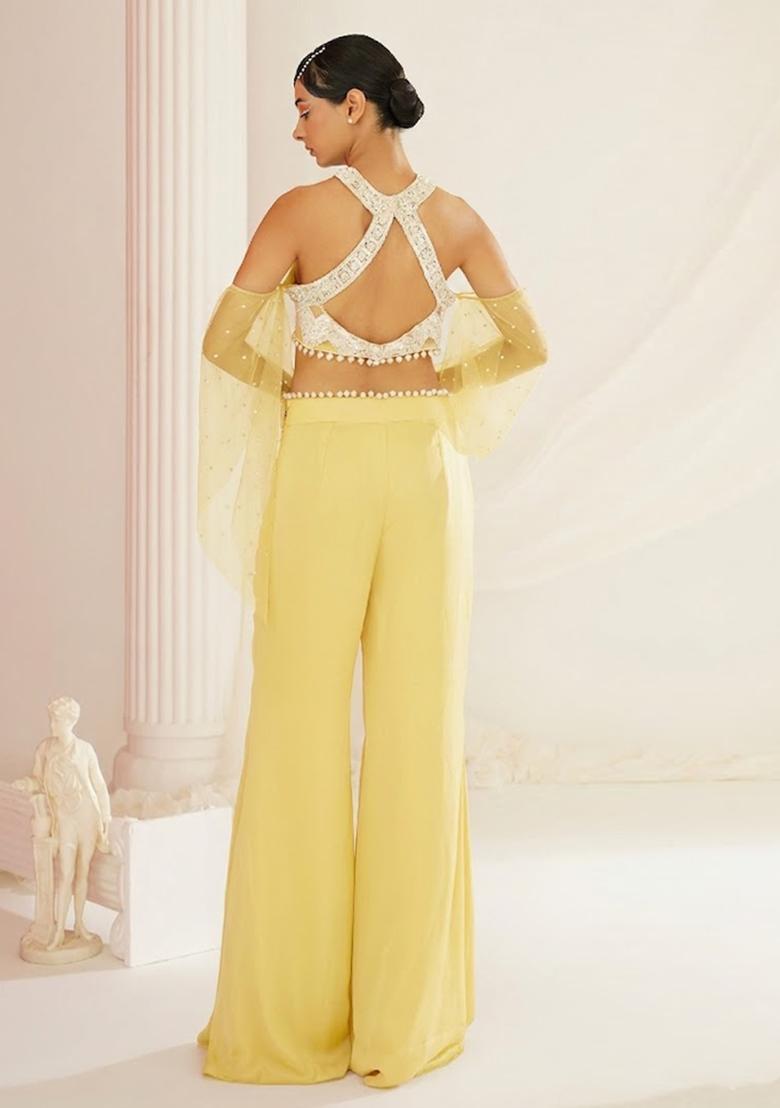 Yellow Crepe Handwork Fusion Set - Indya