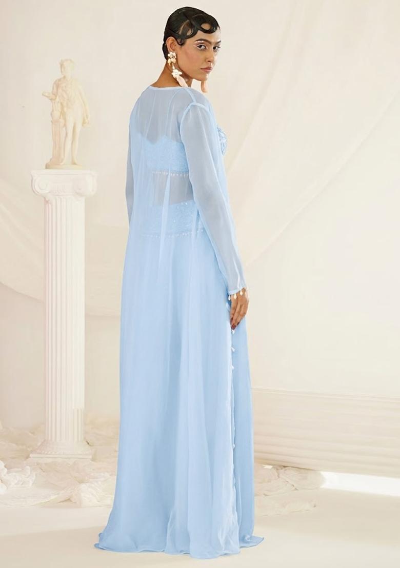 Sky Blue Crepe Handwork Fusion Set - Indya