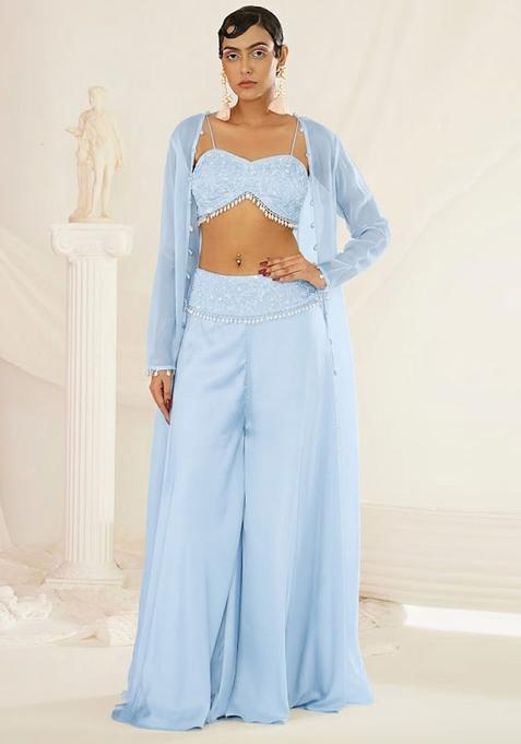 Sky Blue Crepe Handwork Fusion Set