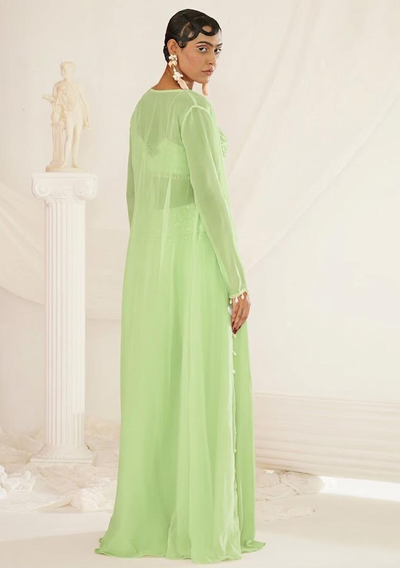 Pastel Green Crepe Handwork Fusion Set - Indya