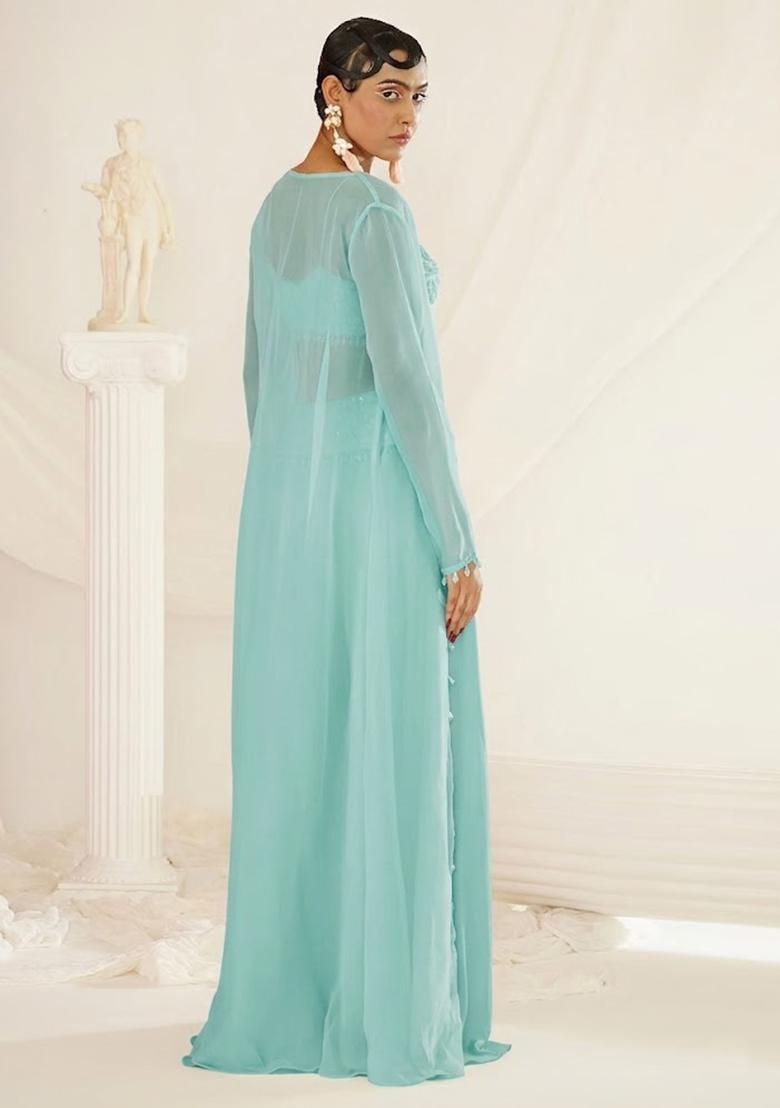 Mint Green Crepe Handwork Fusion Set - Indya
