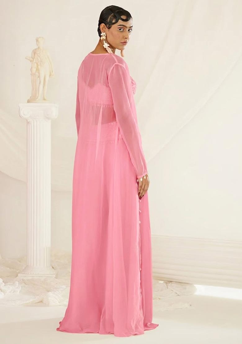 Pink Crepe Handwork Fusion Set - Indya