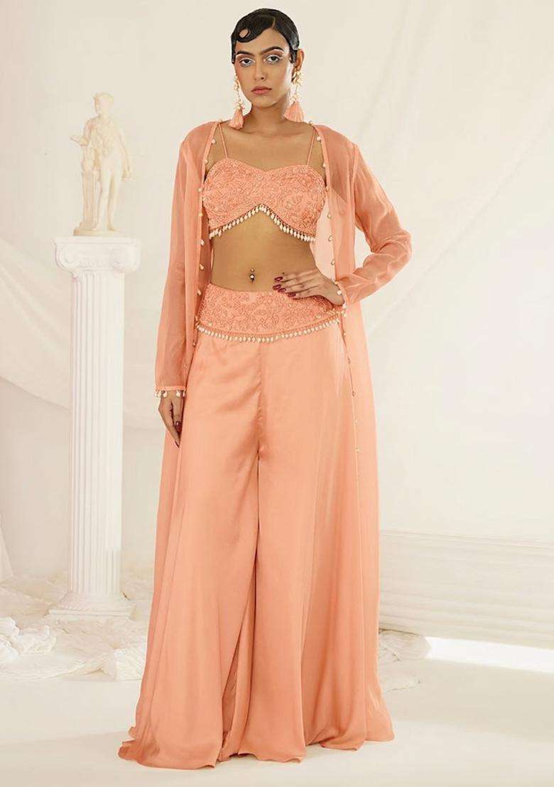 Peach Crepe Handwork Fusion Set - Indya