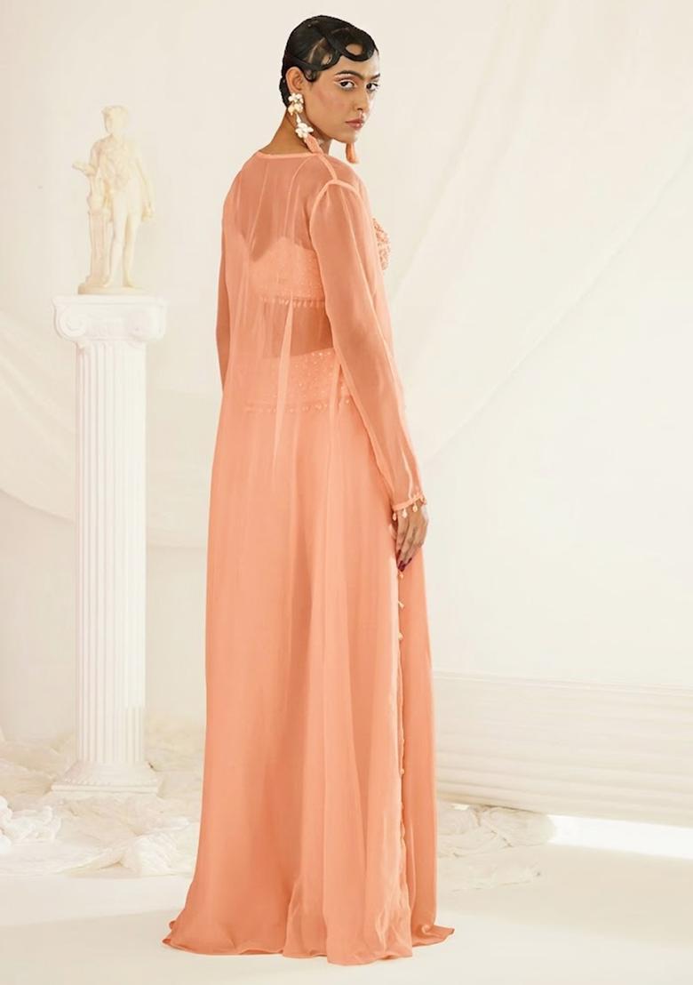 Peach Crepe Handwork Fusion Set - Indya