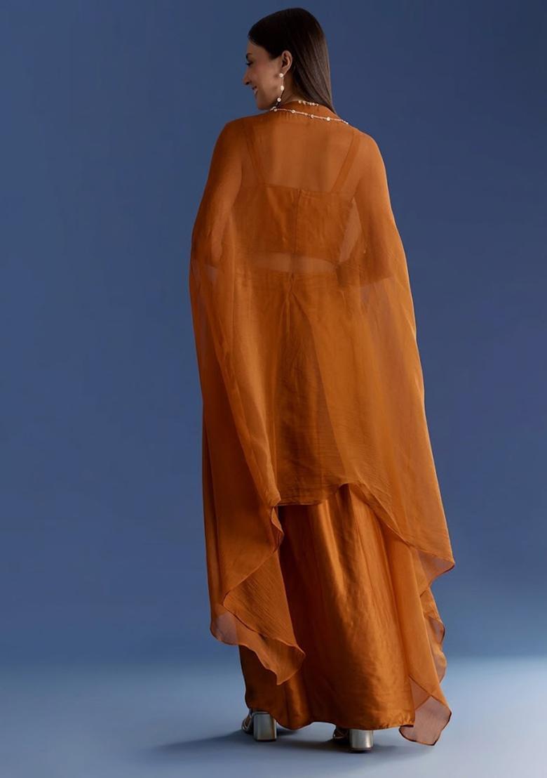Rust Orange Crepe Handwork Fusion Set - Indya