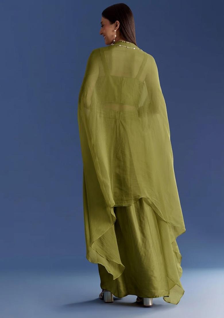Forest Green Crepe Handwork Fusion Set - Indya