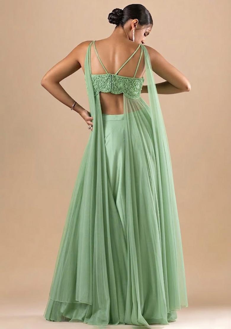 Mint Green Satin Handwork Fusion Set - Indya