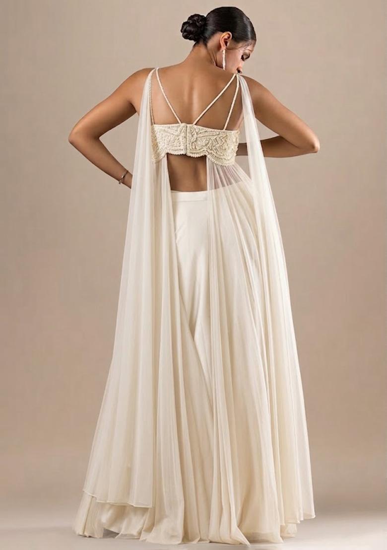 Off White Satin Handwork Fusion Set - Indya