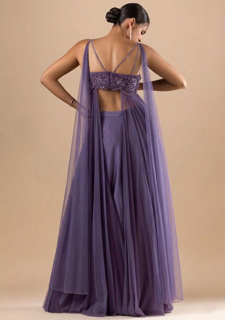 Purple Satin Handwork Fusion Set - Indya