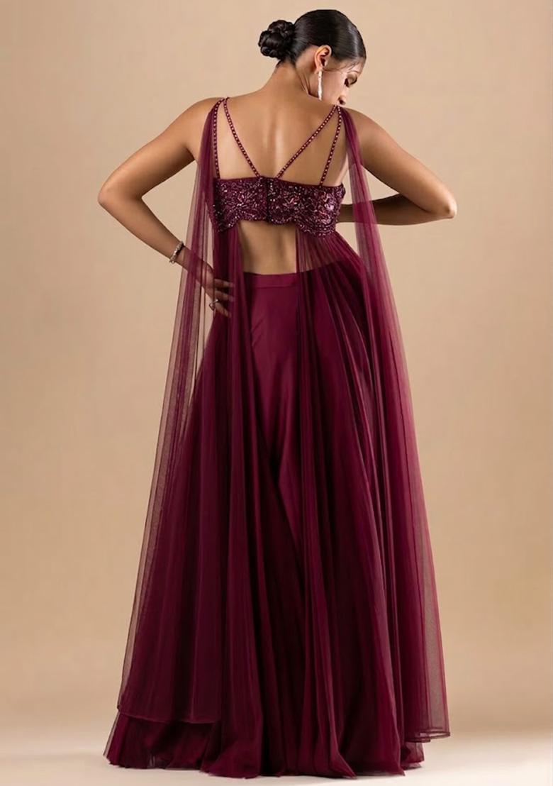 Wine Purple Satin Handwork Fusion Set - Indya