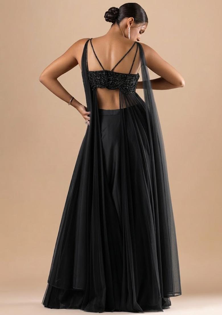 Black Satin Handwork Fusion Set - Indya