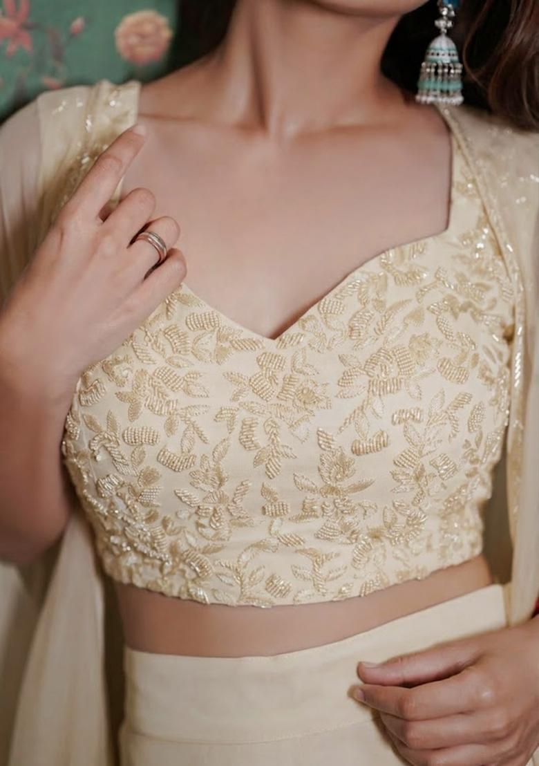 Ivory Georgette Handwork Fusion Set - Indya
