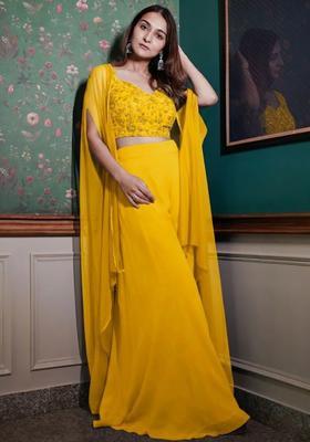 Yellow Georgette Handwork Fusion Set