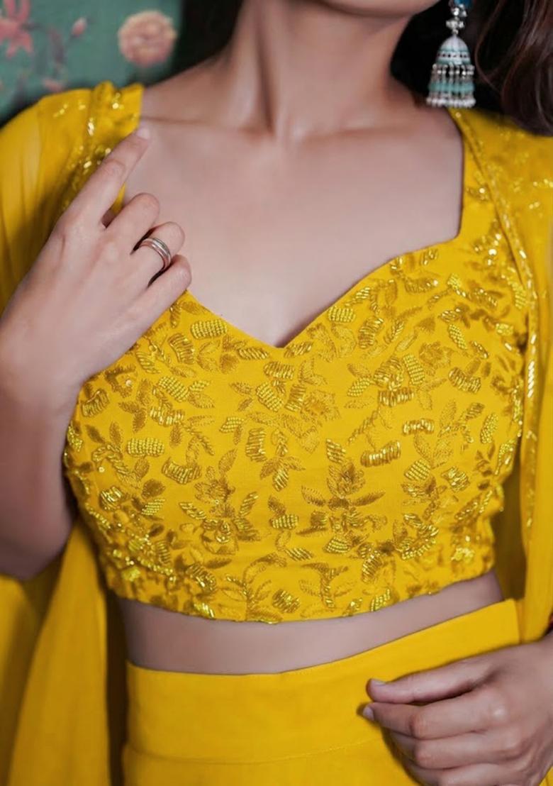 Yellow Georgette Handwork Fusion Set - Indya