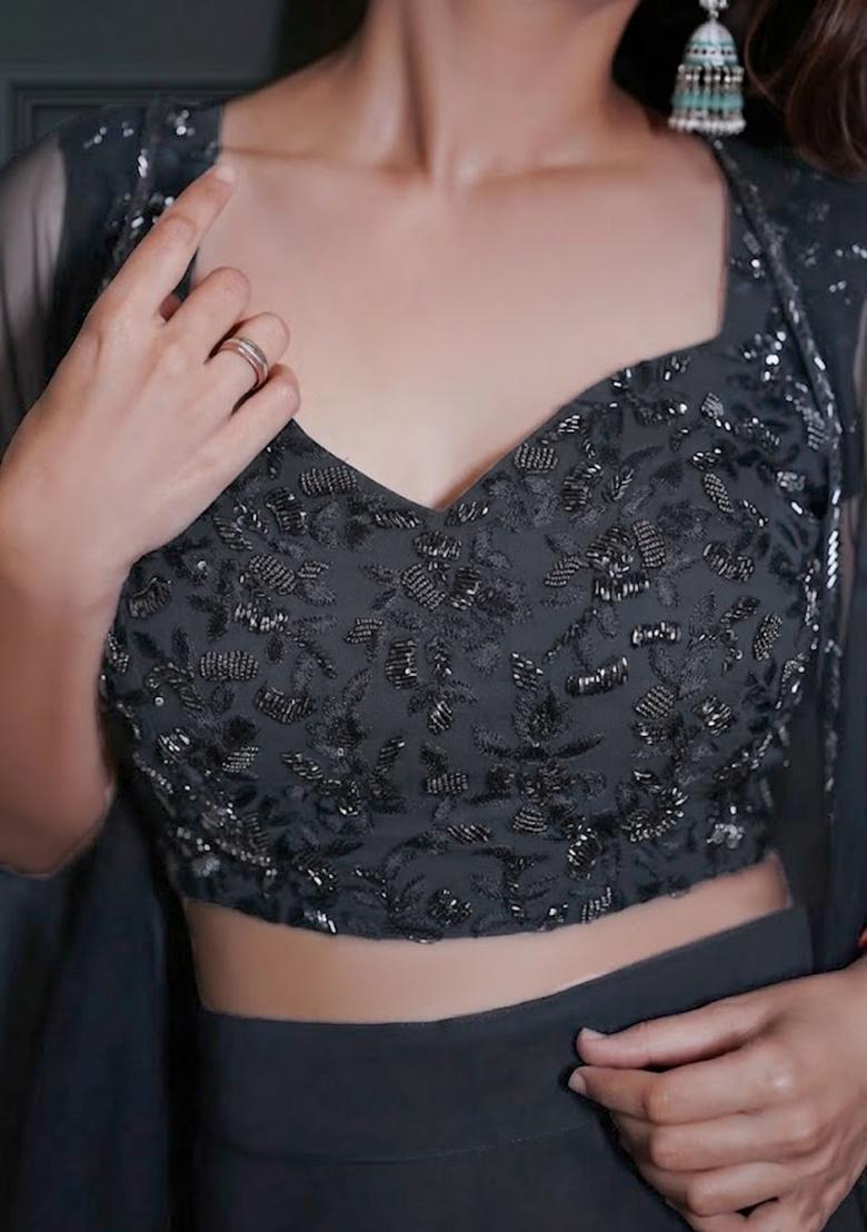 Black Georgette Handwork Fusion Set - Indya