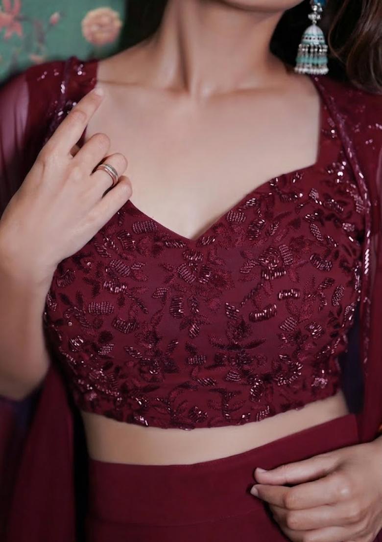 Deep Wine Georgette Handwork Fusion Set - Indya