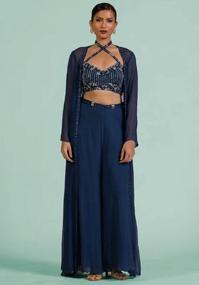 Navy Blue Georgette Handwork Fusion Set