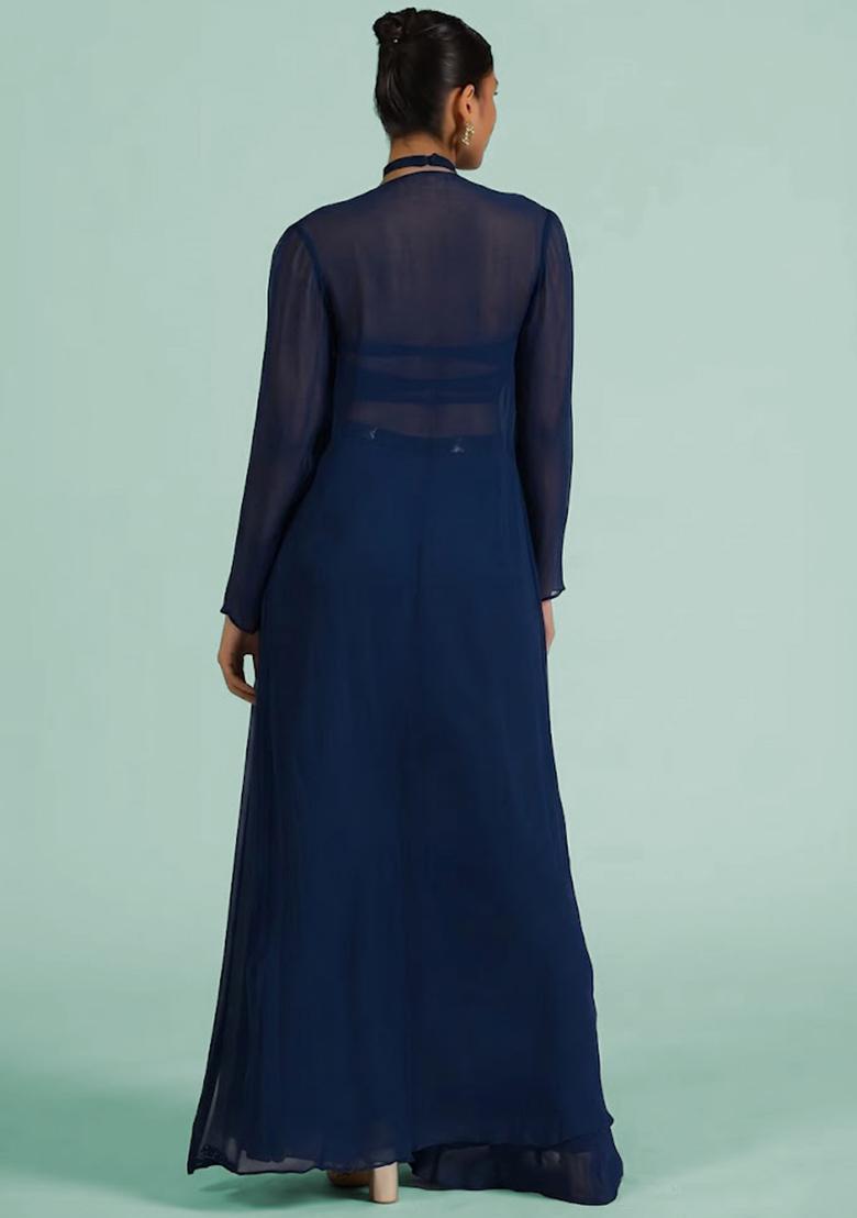 Navy Blue Georgette Handwork Fusion Set - Indya