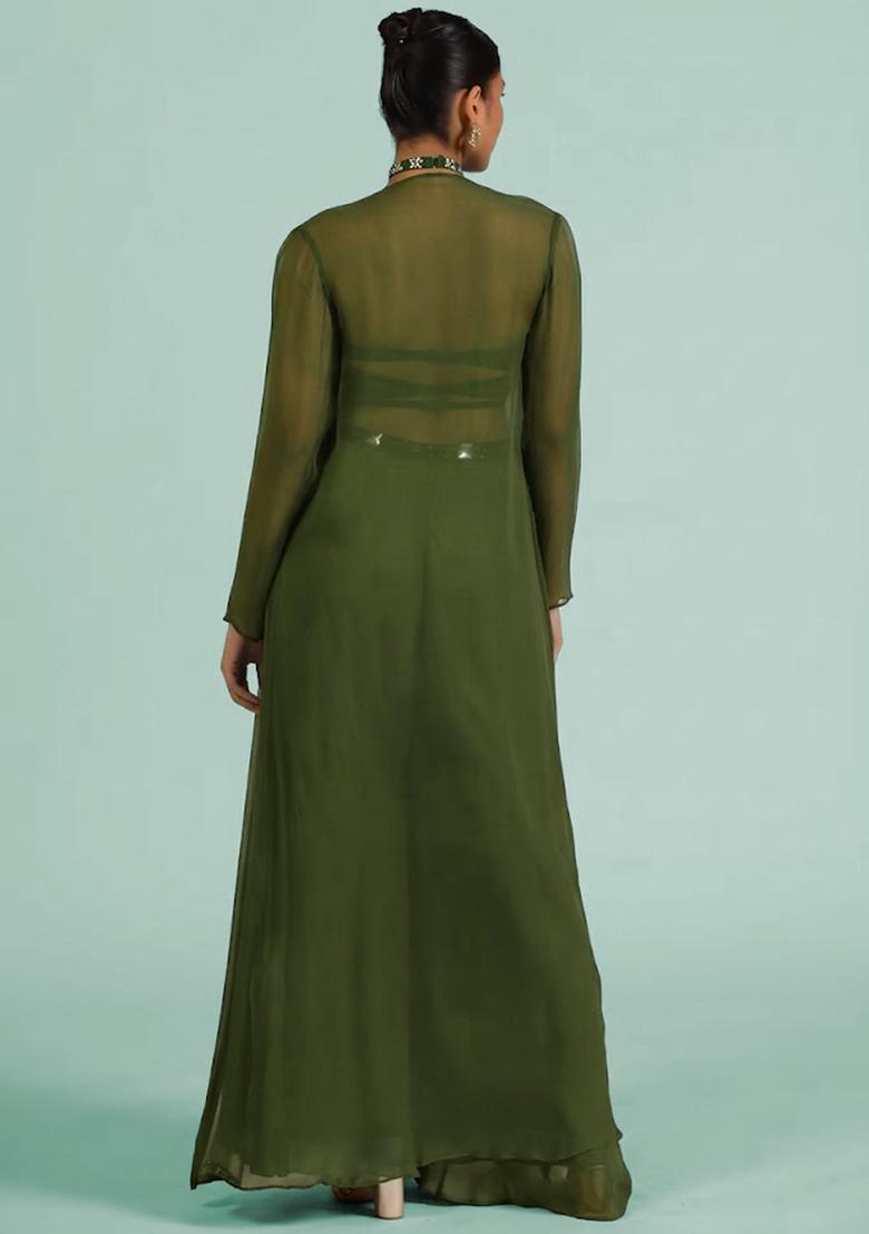 Olive Green Georgette Handwork Fusion Set - Indya