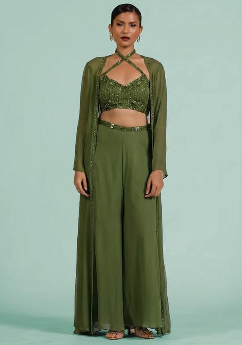 Olive Green Georgette Handwork Fusion Set