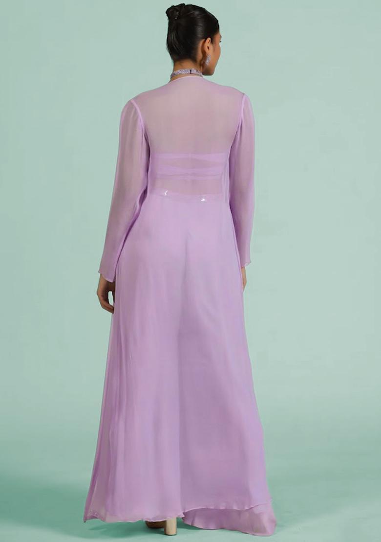 Lavender Georgette Handwork Fusion Set - Indya