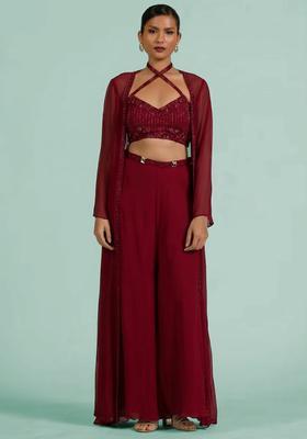 Deep Red Georgette Handwork Fusion Set