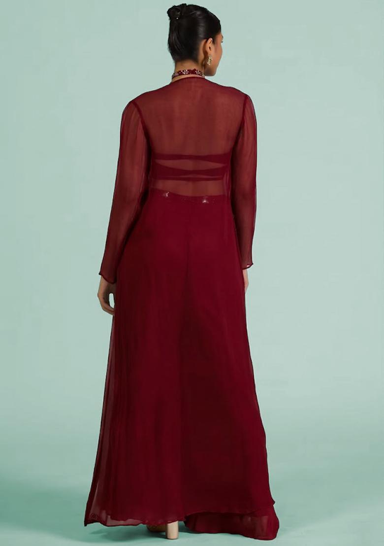 Deep Red Georgette Handwork Fusion Set - Indya