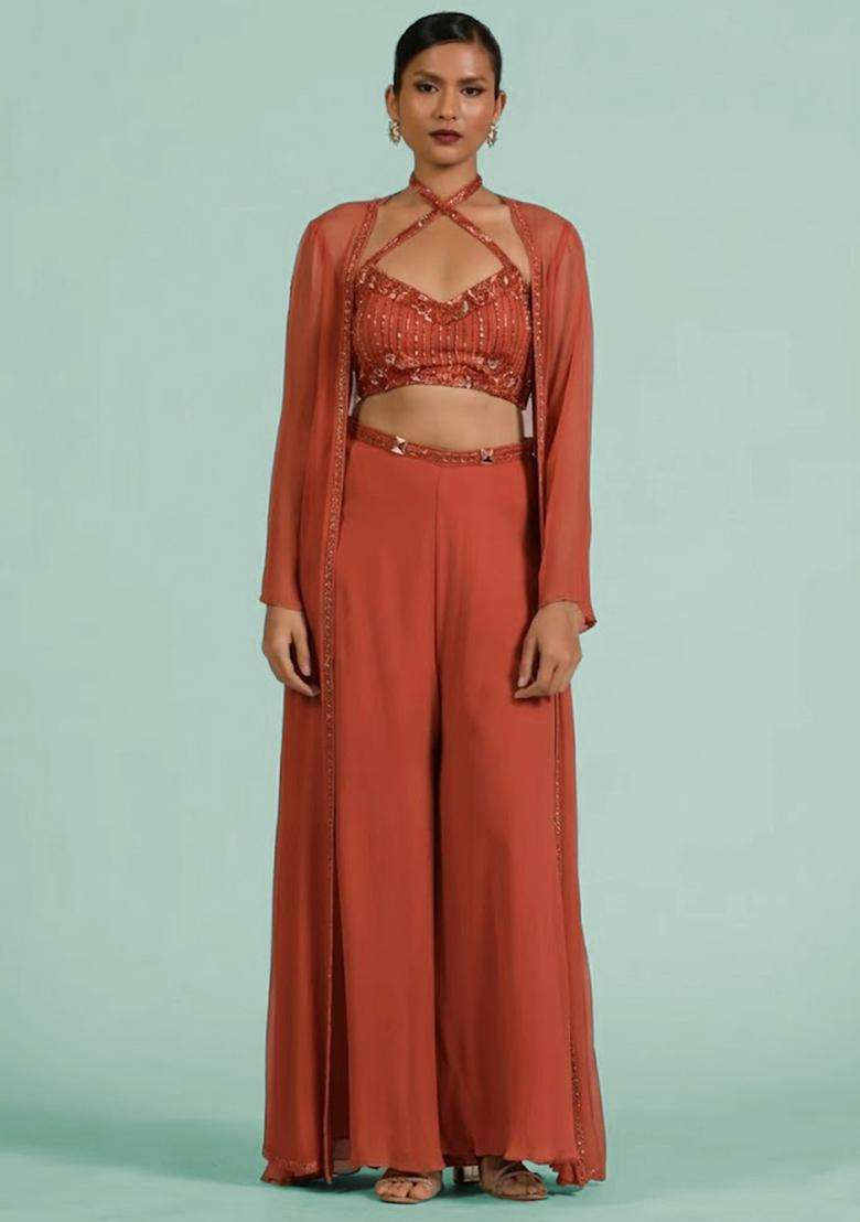 Peach Georgette Handwork Fusion Set - Indya