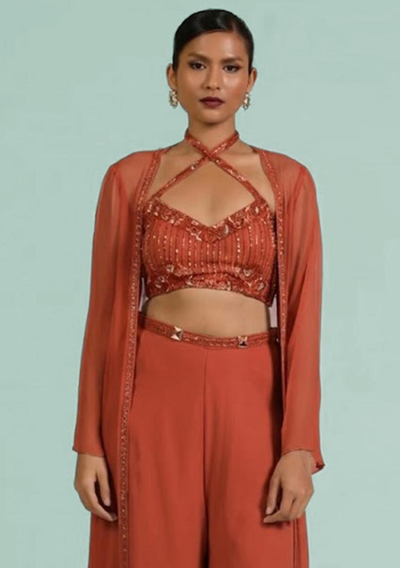 Peach Georgette Handwork Fusion Set - Indya