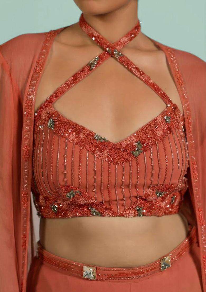 Peach Georgette Handwork Fusion Set - Indya