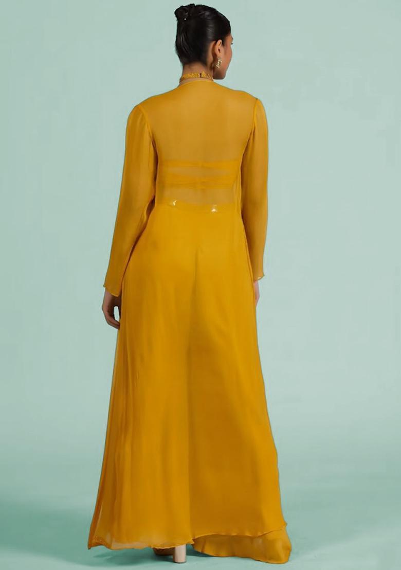 Mustard Georgette Handwork Fusion Set - Indya