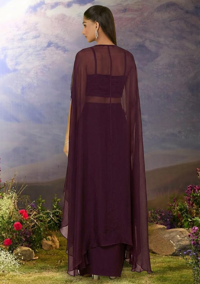 Wine Purple Georgette Handwork Fusion Set - Indya