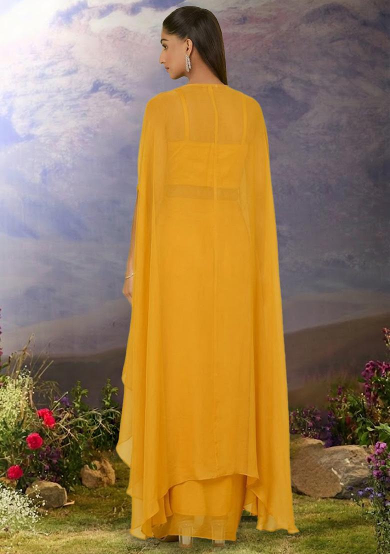 Mustard Georgette Handwork Fusion Set - Indya
