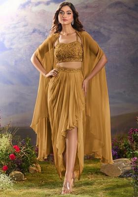 Mustard Georgette Handwork Fusion Set