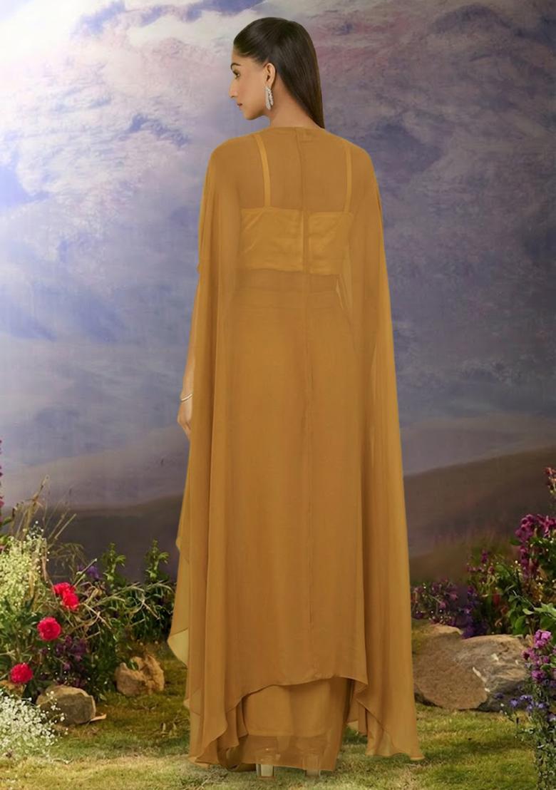 Mustard Georgette Handwork Fusion Set - Indya