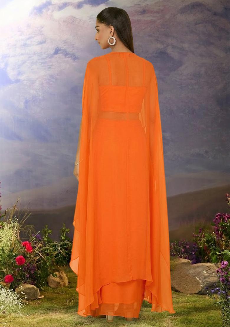 Orange Georgette Handwork Fusion Set - Indya