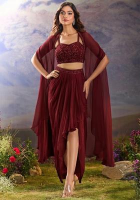 Deep Red Georgette Handwork Fusion Set