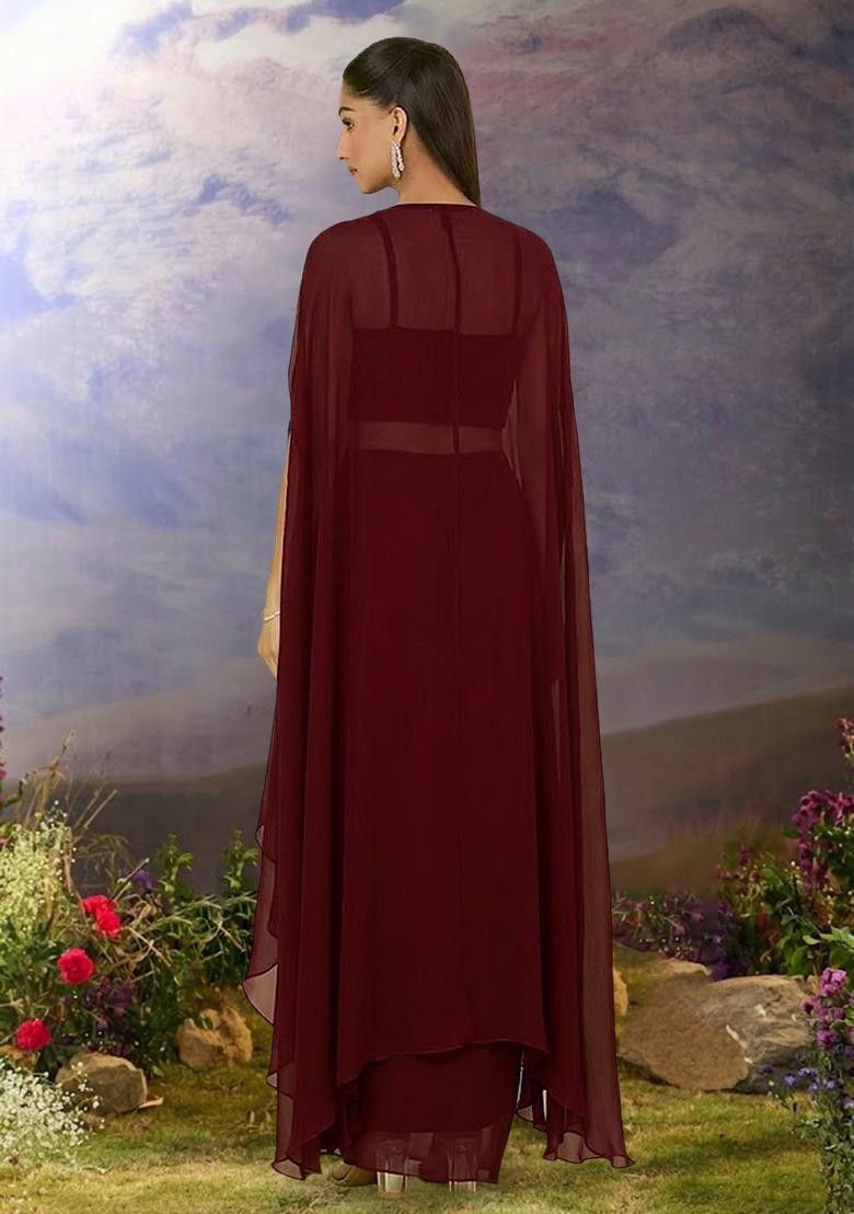 Deep Red Georgette Handwork Fusion Set - Indya
